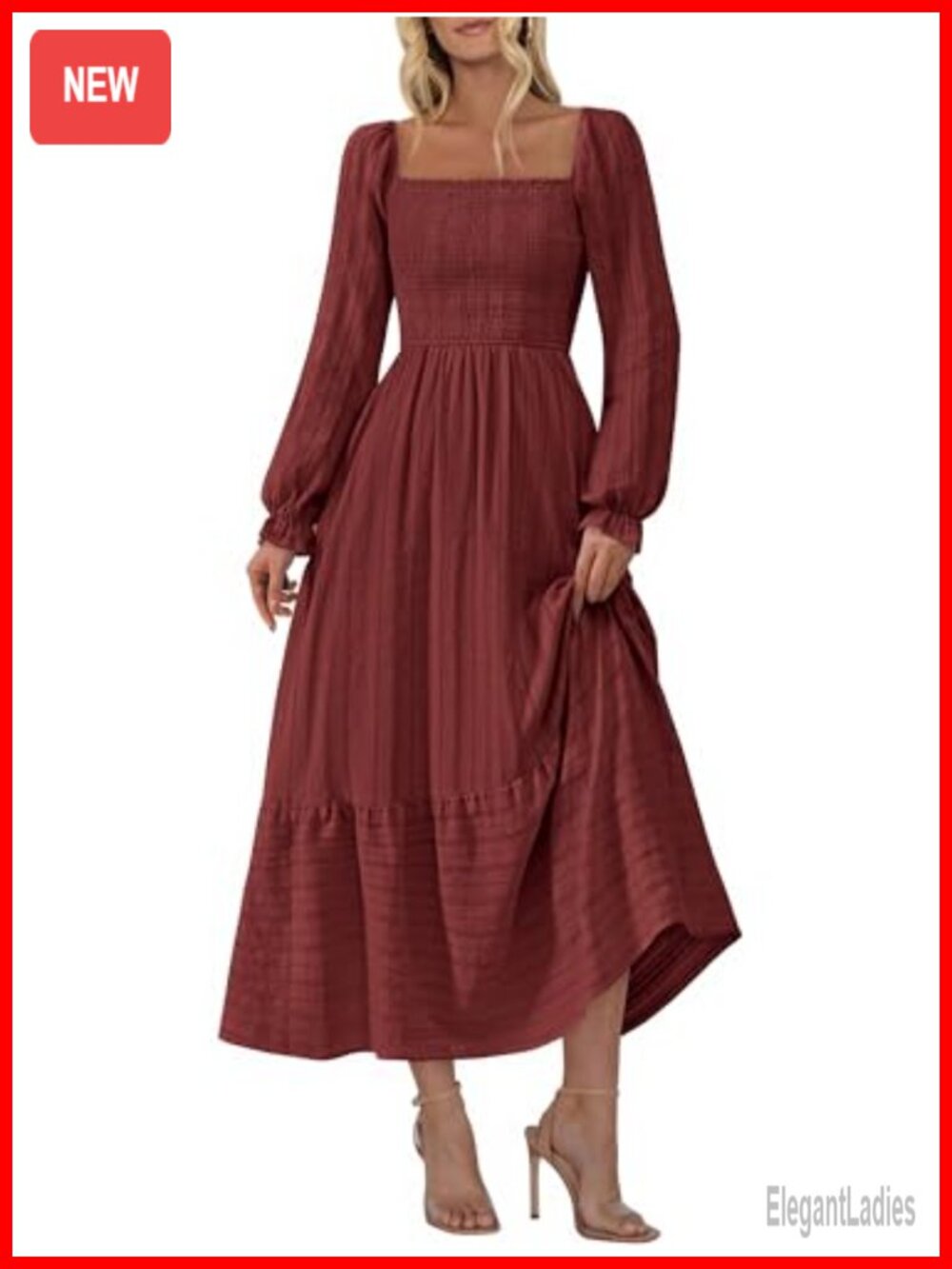 Women Long Sleeve Square Neck Maxi Dress Smocked A Line Pockets